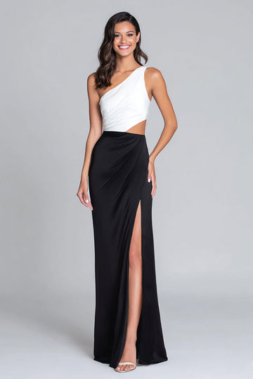 Cut Out Black and White One Shoulder Sheath Long Formal Dress with Slit